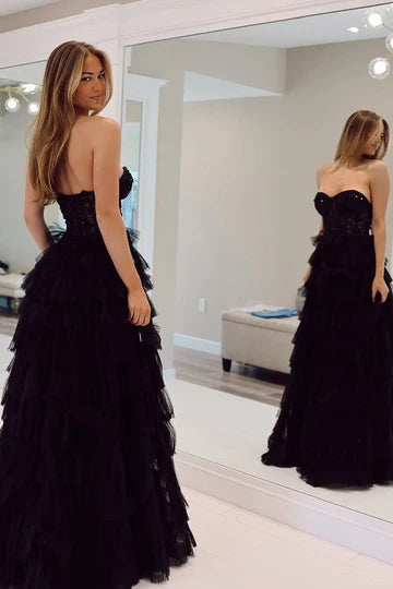 Strapless Black Lace Tiered Tulle Prom Dress with High Slit and Train