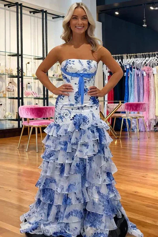 Strapless Blue White Floral Mermaid Prom Dress with Tiered Ruffles and Lace-Up Back