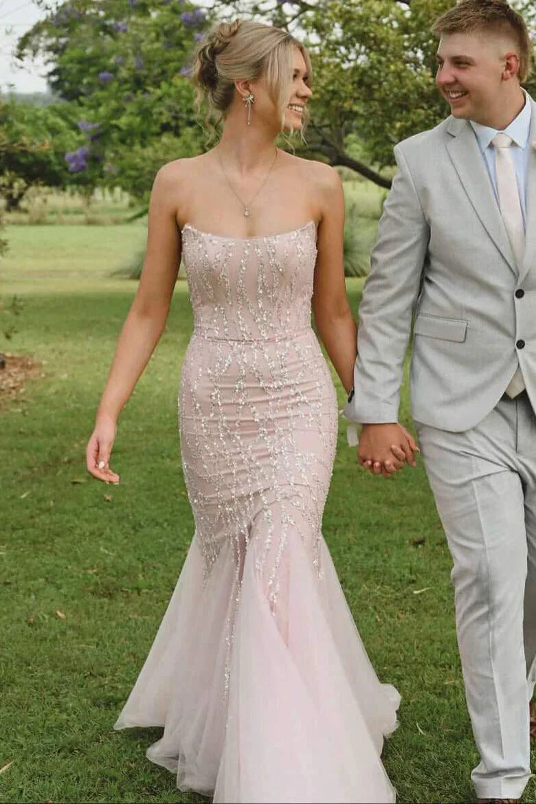 Strapless Blush Pink Beaded Mermaid Prom Dress with Tulle Skirt