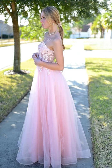 Strapless Blush Pink Tulle Prom Dress with Lace Applique and Sheer Corset Bodice