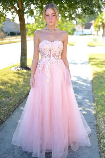 Strapless Blush Pink Tulle Prom Dress with Lace Applique and Sheer Corset Bodice