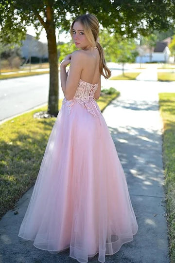 Strapless Blush Pink Tulle Prom Dress with Lace Applique and Sheer Corset Bodice