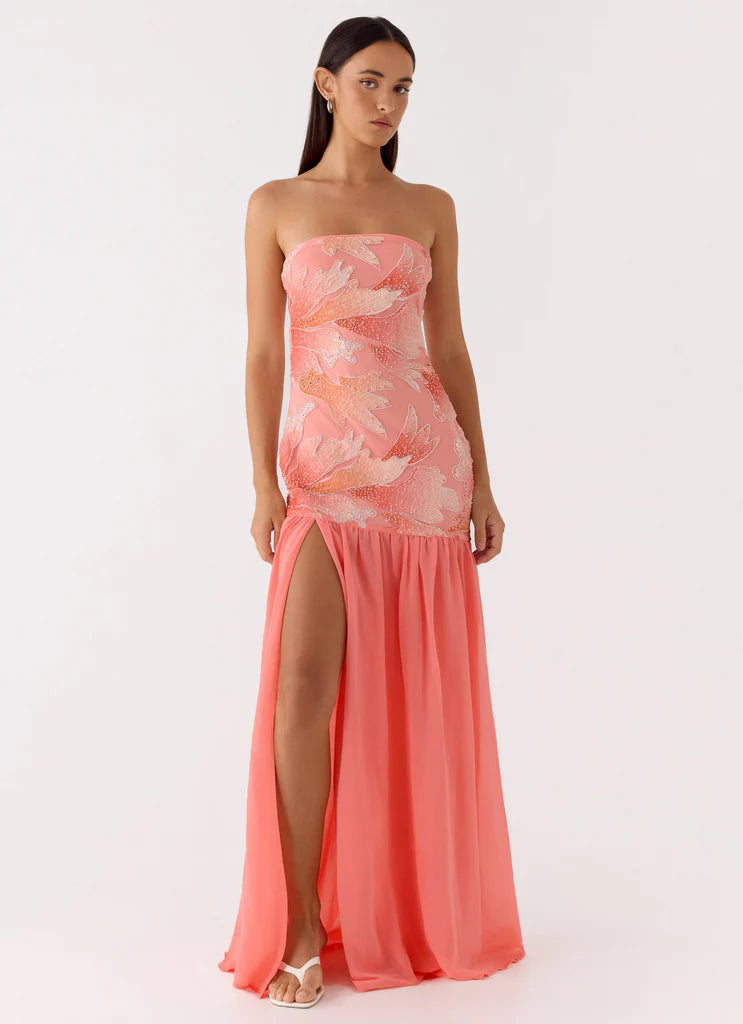 Strapless Coral Pink Floral Beaded Maxi Prom Dress with High Slit For Events