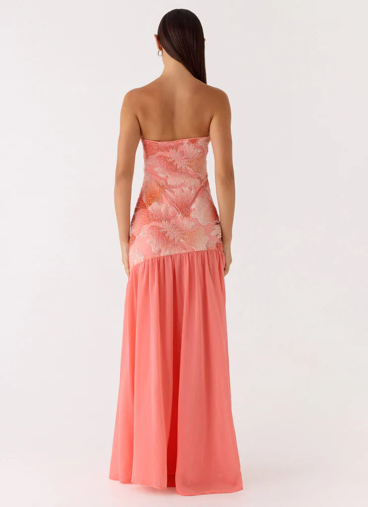 Strapless Coral Pink Floral Beaded Maxi Prom Dress with High Slit For Events