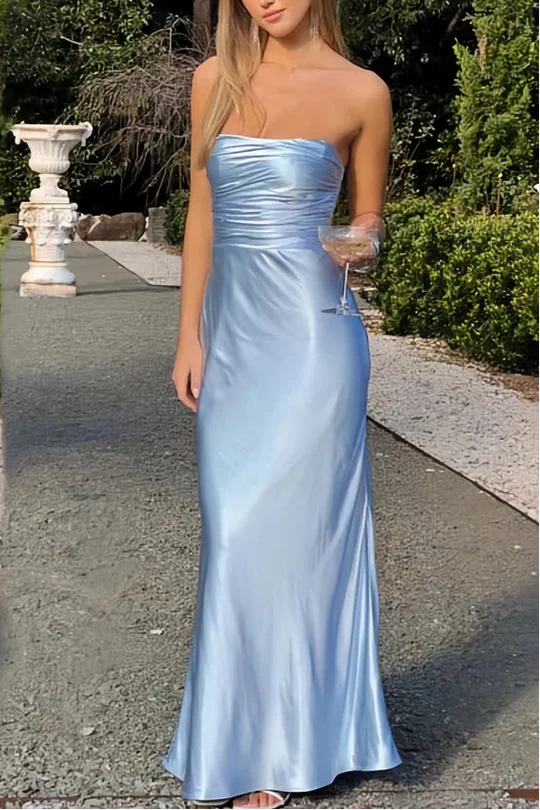 Strapless Light Blue Satin Mermaid Prom Dress with Ruched Bodice for Formal Occasions