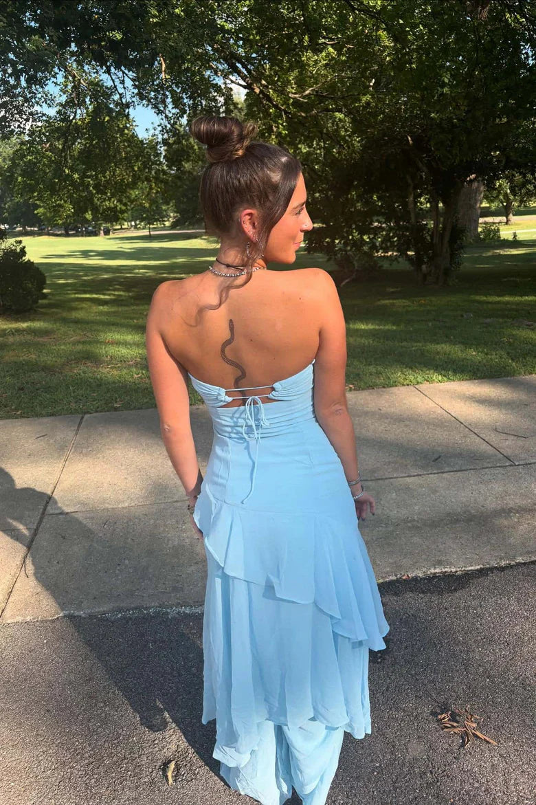 Strapless Light Blue Tiered Ruffle Prom Dress with Front Cutout and Back Tie