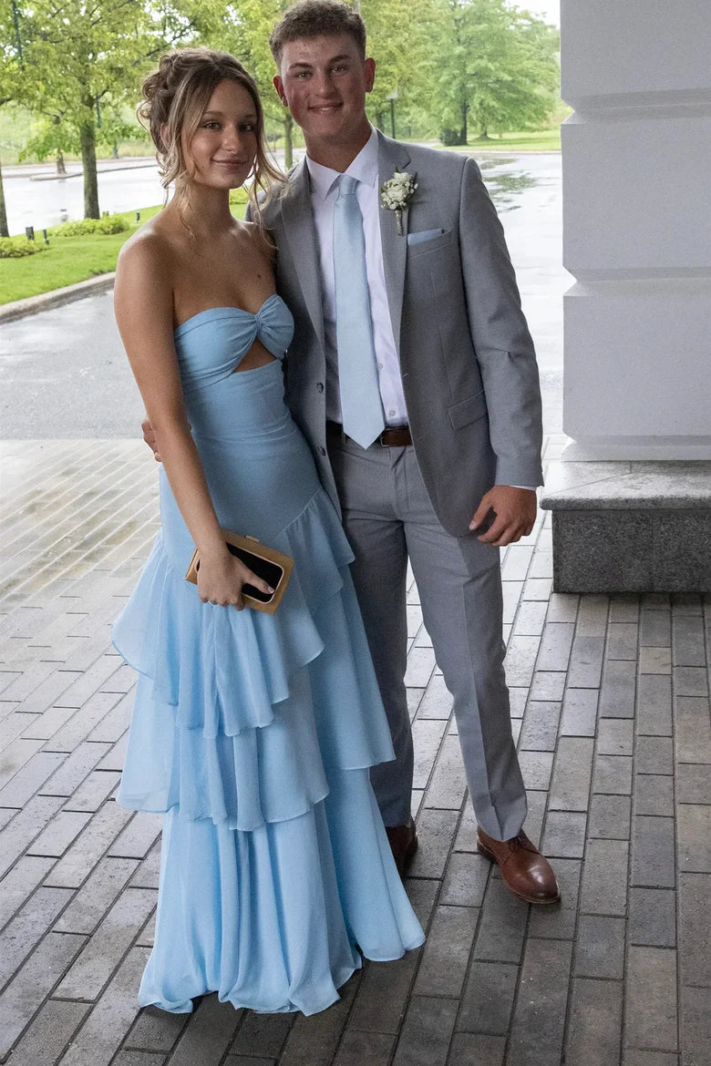 Strapless Light Blue Tiered Ruffle Prom Dress with Front Cutout and Back Tie