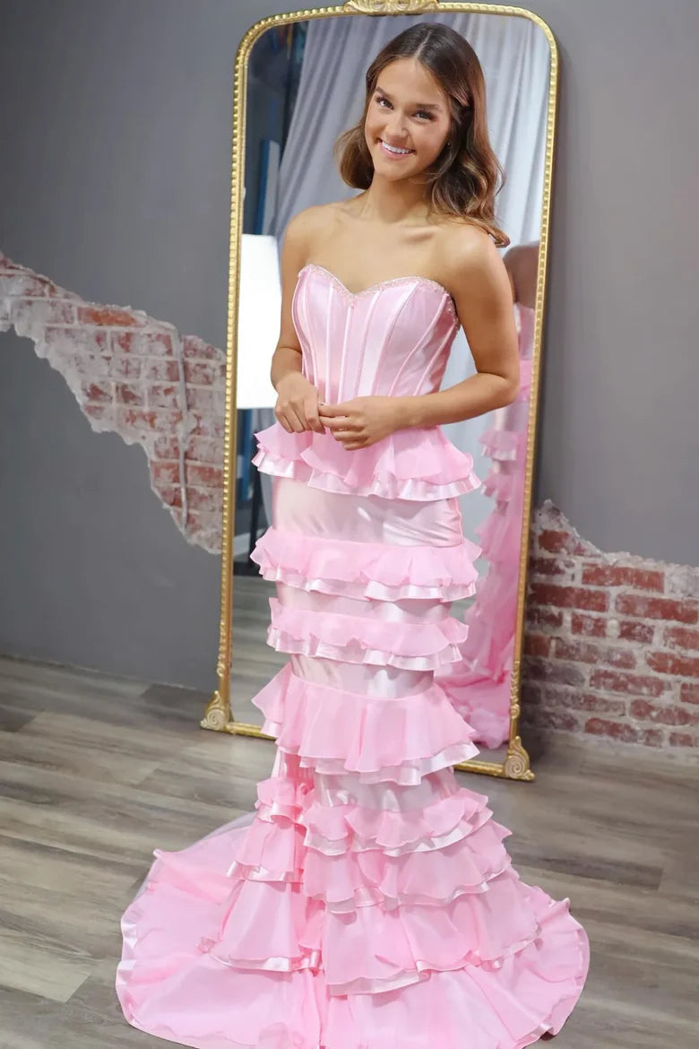 Strapless Pink Ruffled Mermaid Prom Dress with Corset Back and Bow Train for Formal Occasions