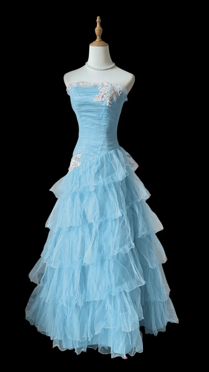 Strapless Ruched Tulle Tiered Ruffle Maxi Evening Dress with Floral Applique and Lace-Up Back