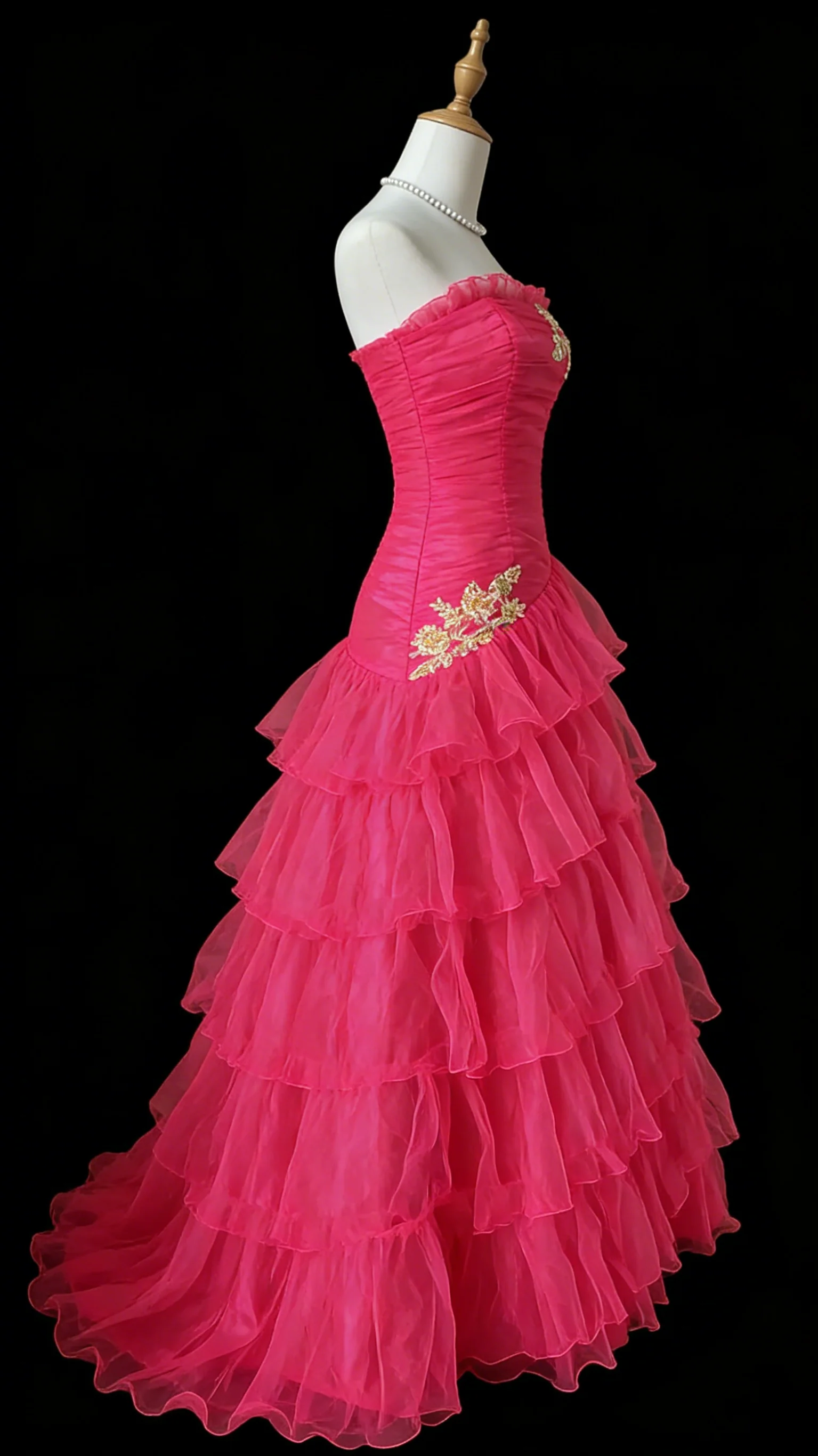 Strapless Ruched Tulle Tiered Ruffle Maxi Evening Dress with Floral Applique and Lace-Up Back