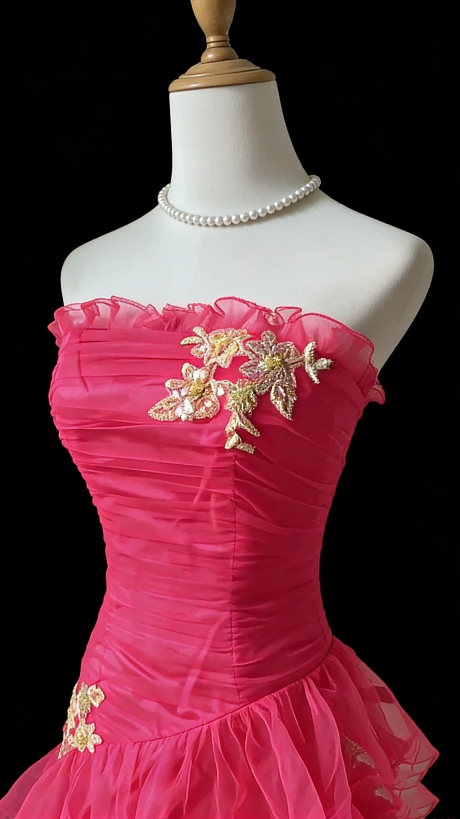 Strapless Ruched Tulle Tiered Ruffle Maxi Evening Dress with Floral Applique and Lace-Up Back