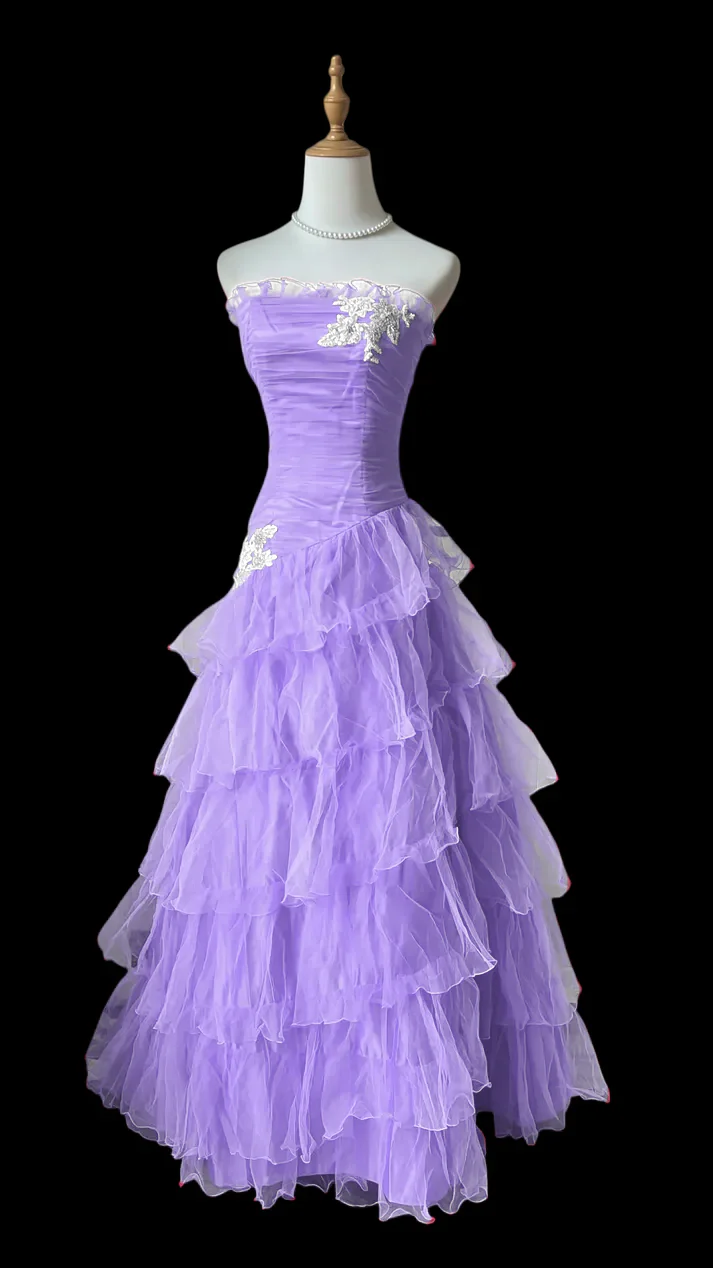 Strapless Ruched Tulle Tiered Ruffle Maxi Evening Dress with Floral Applique and Lace-Up Back