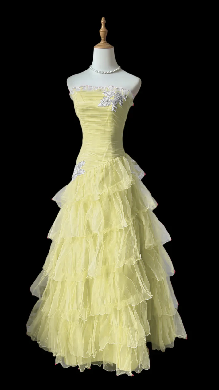 Strapless Ruched Tulle Tiered Ruffle Maxi Evening Dress with Floral Applique and Lace-Up Back