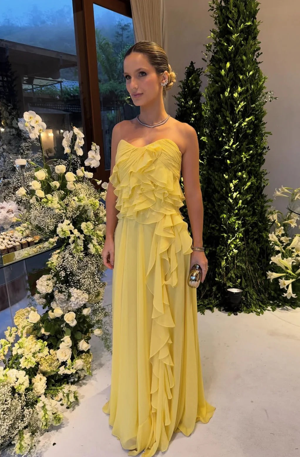Strapless Ruffle Chiffon Evening Dress with Cascading Side Ruffles and Flowing Maxi Skirt
