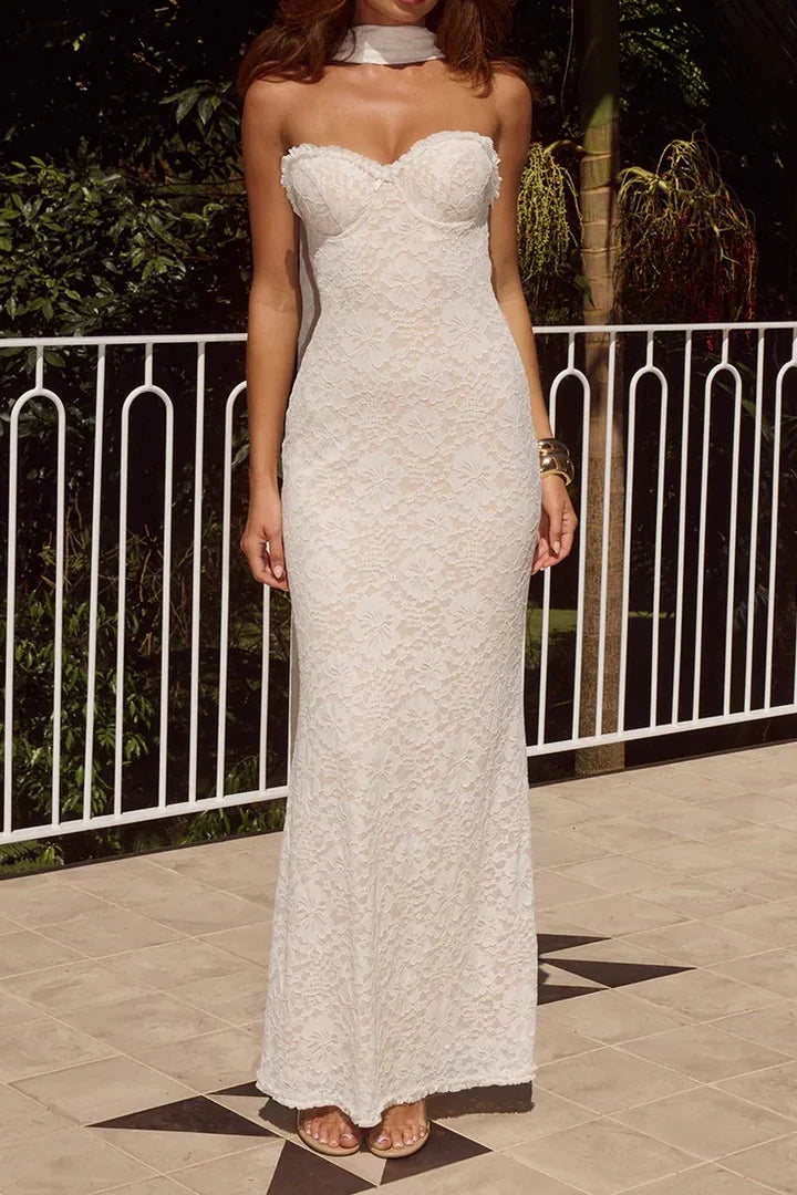 Strapless White Lace Mermaid Prom Dress with Halter Choker and Side Slit