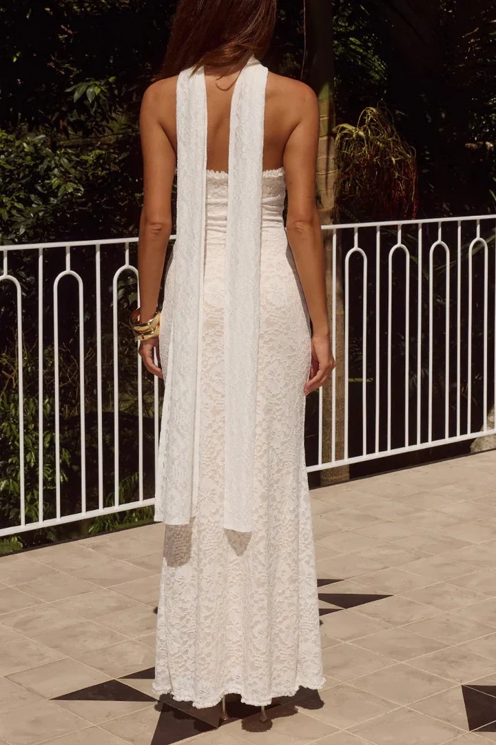 Strapless White Lace Mermaid Prom Dress with Halter Choker and Side Slit