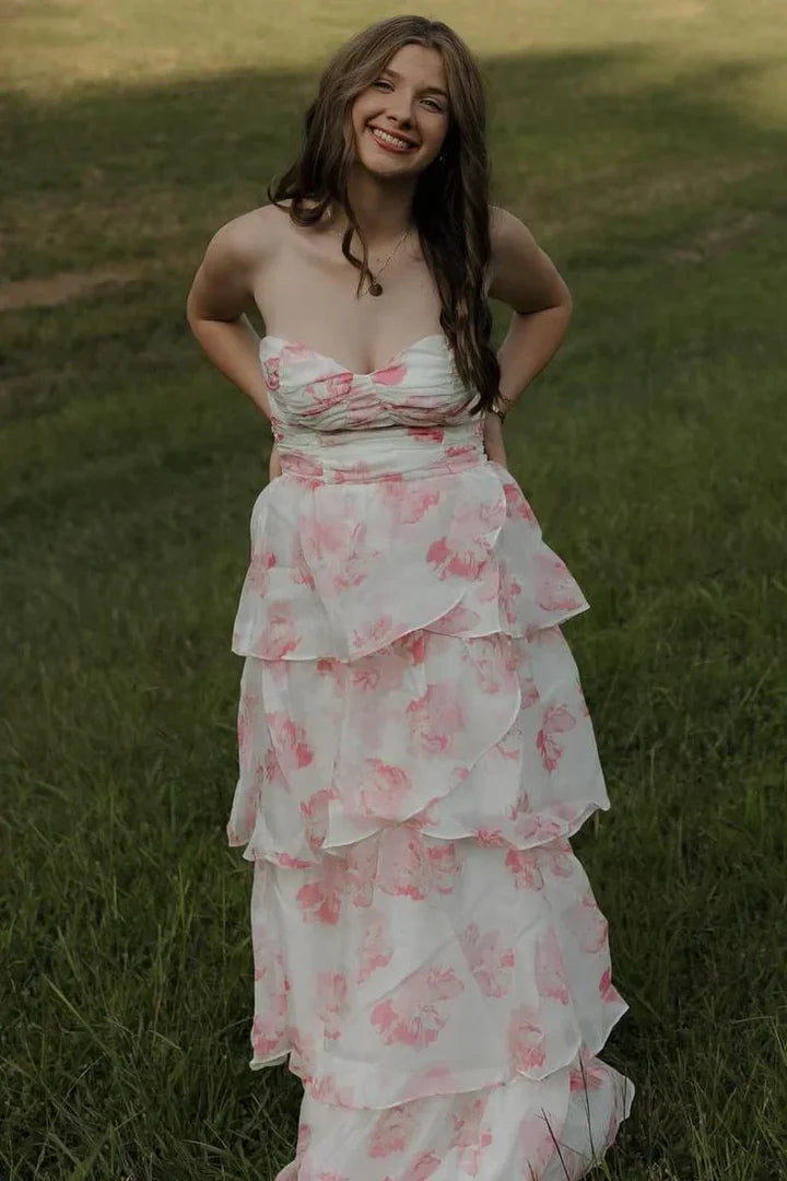 Strapless White Pink Floral Tiered Ruffle Maxi Prom Dress with Ruched Bodice
