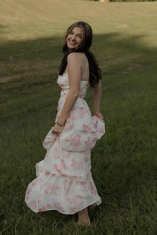 Strapless White Pink Floral Tiered Ruffle Maxi Prom Dress with Ruched Bodice