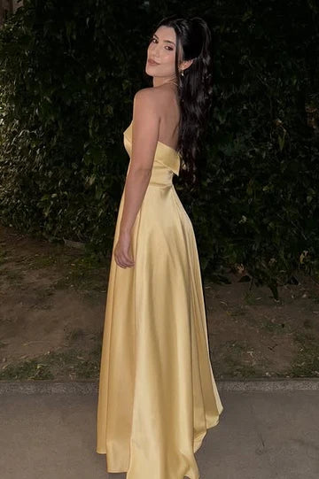 Strapless Yellow Satin Prom Dress with High Slit and Flowing Skirt