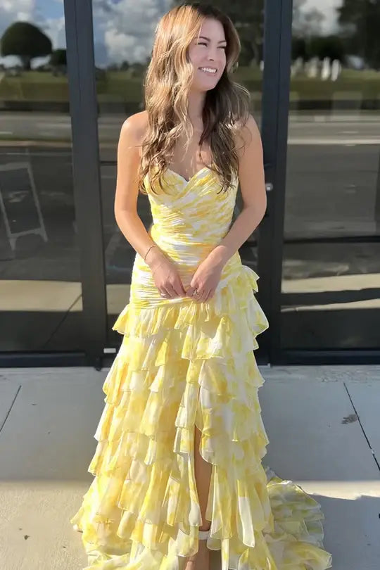 Strapless Yellow White Floral Mermaid Prom Dress with Tiered Ruffles and Lace-Up Back