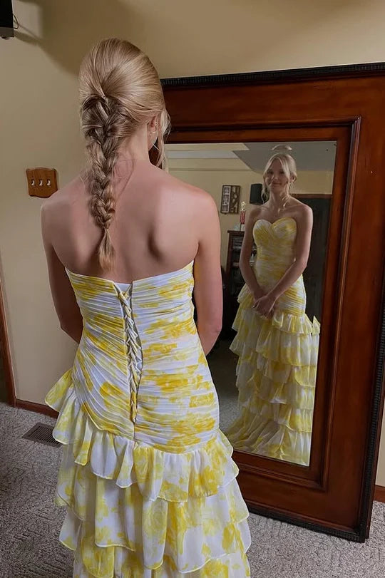 Strapless Yellow White Floral Mermaid Prom Dress with Tiered Ruffles and Lace-Up Back