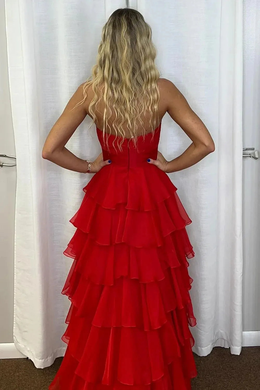 Stunning A-Line Strapless Sleeveless Long Tiered Zipper Back Floor-Length Prom Dress with Slit