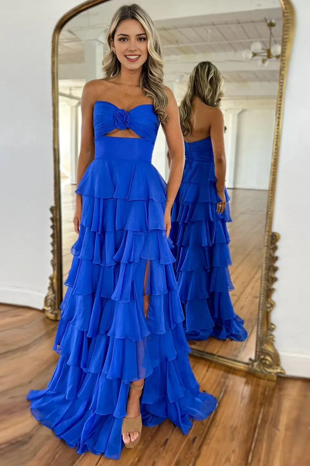 Stunning A-Line Strapless Sleeveless Long Tiered Zipper Back Floor-Length Prom Dress with Slit