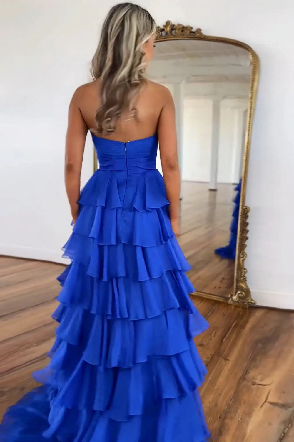 Stunning A-Line Strapless Sleeveless Long Tiered Zipper Back Floor-Length Prom Dress with Slit