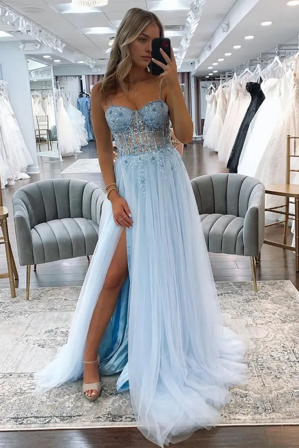 Stunning Blue A-Line Spaghetti-Straps Sleeveless Sequin Tulle Lace Up High-Slit Floor-Length Prom Dress with Beading