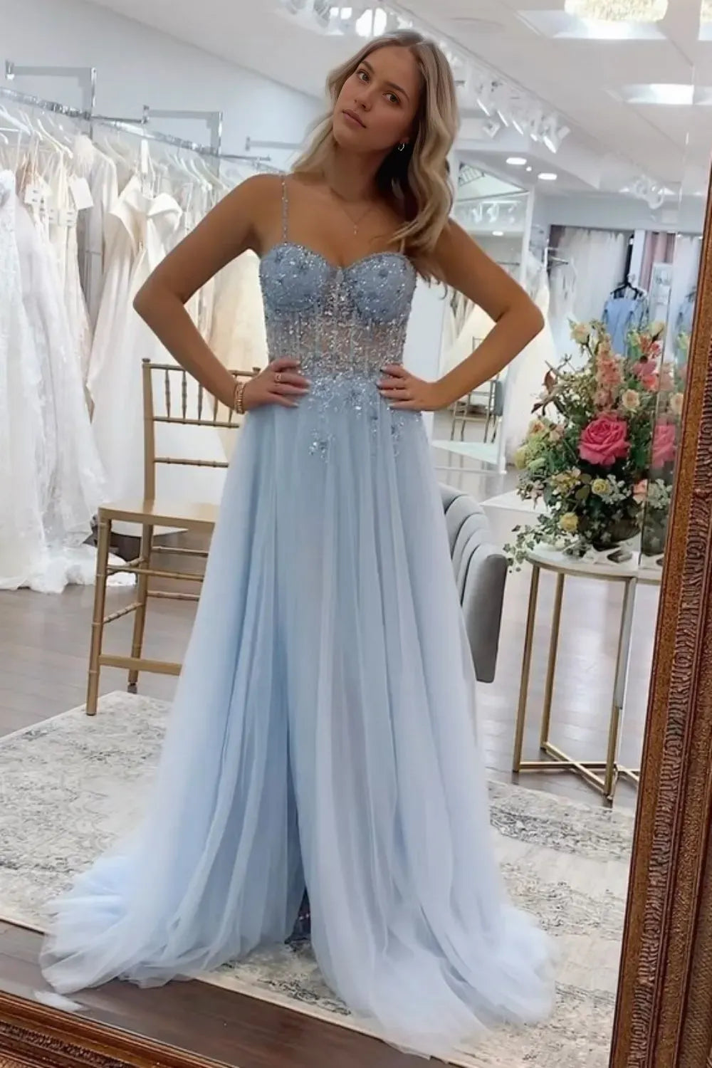 Stunning Blue A-Line Spaghetti-Straps Sleeveless Sequin Tulle Lace Up High-Slit Floor-Length Prom Dress with Beading