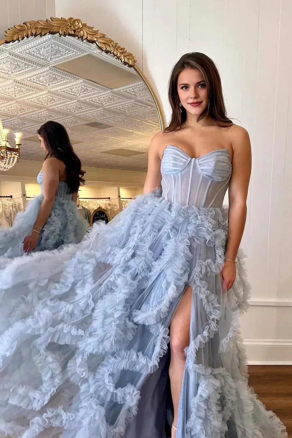 Stunning Light Blue A-Line Off the Shoulder Sleeveless Ruched Tulle Back Zip Floor-Length Prom Dress with Slit