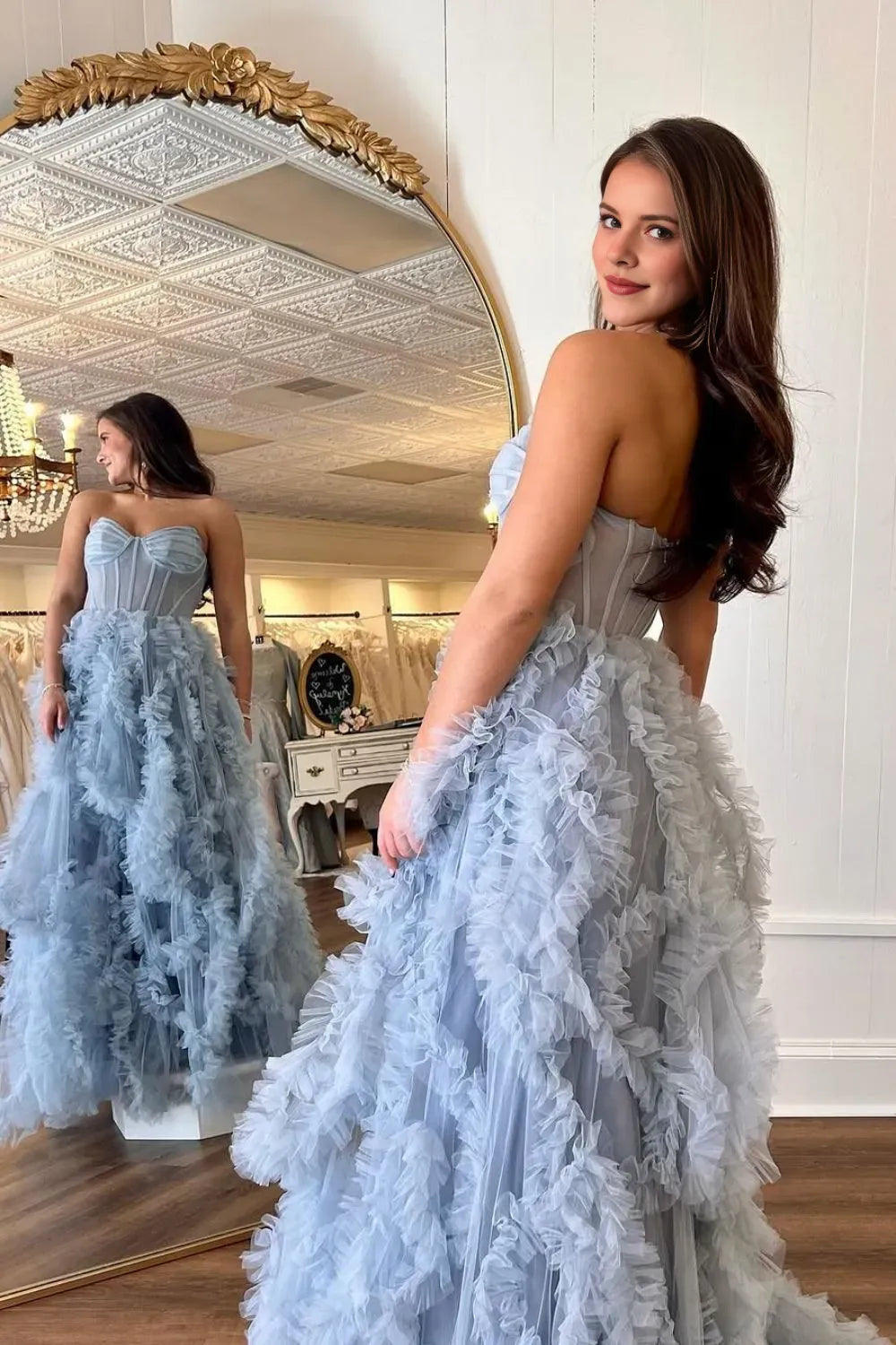 Stunning Light Blue A-Line Off the Shoulder Sleeveless Ruched Tulle Back Zip Floor-Length Prom Dress with Slit