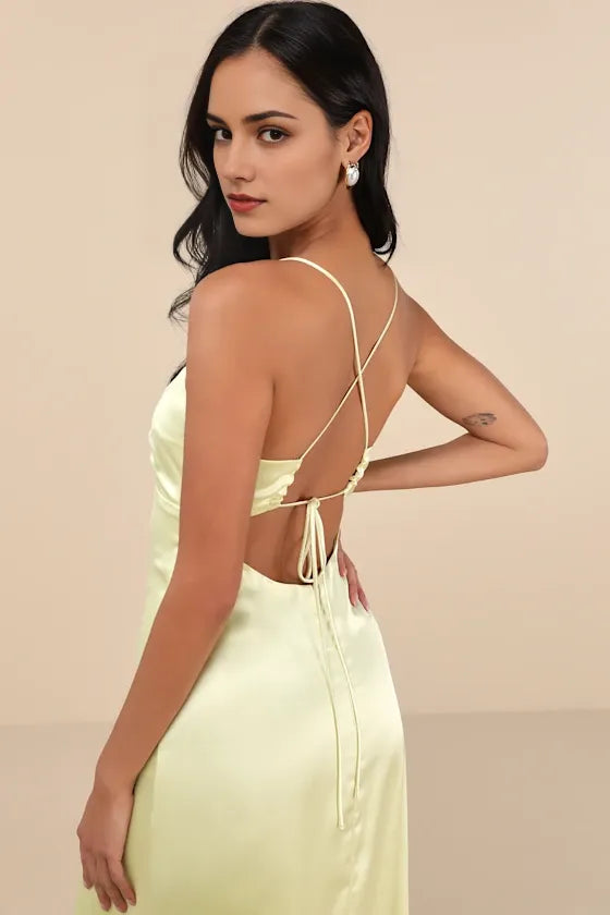 Stunning Light Yellow Sheath Sweetheart Spaghetti-Strap Crisscross Back Ankle -length Satin Prom Dress