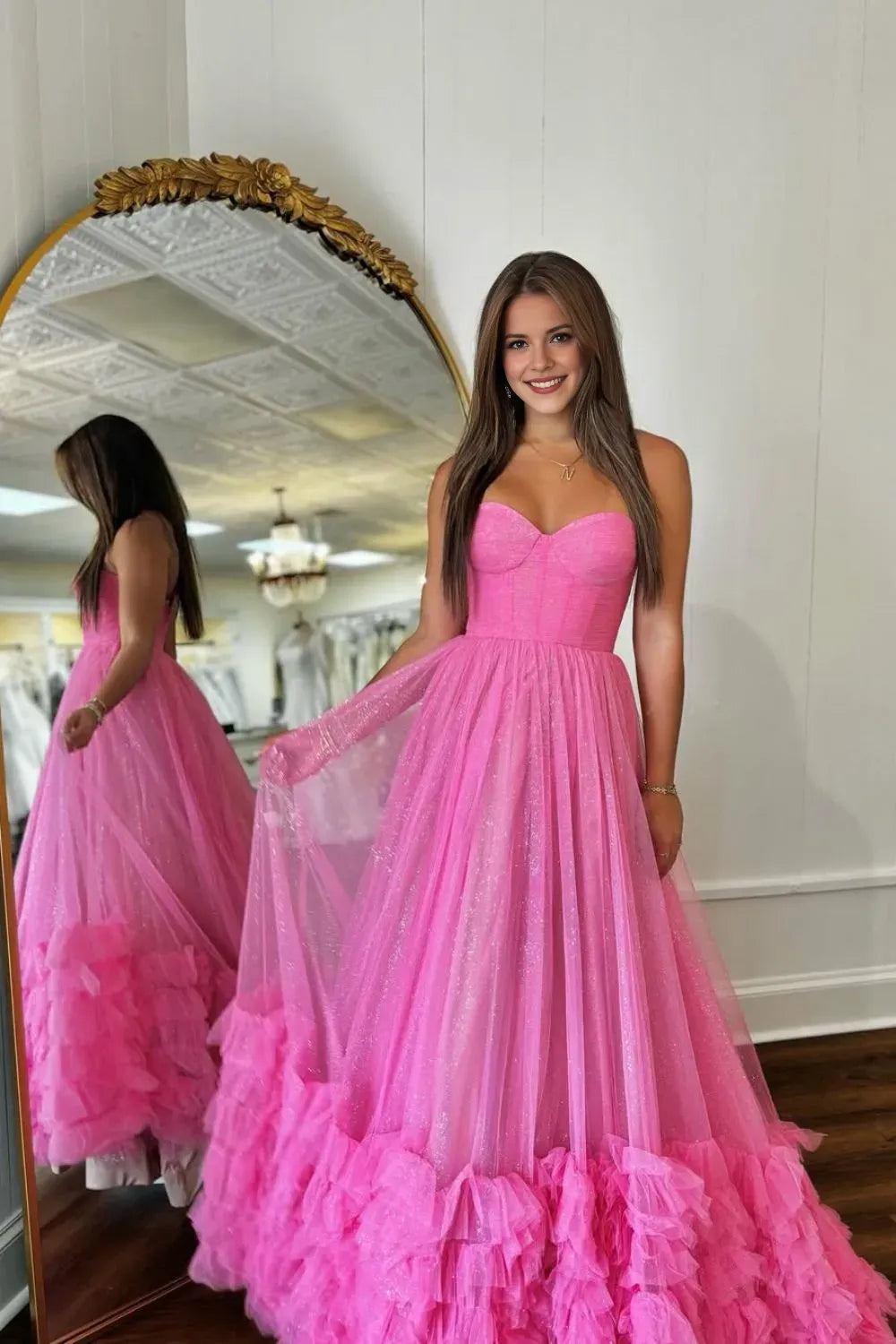 Stunning Pink A-Line Deep V-Neck Sleeveless Lace UP Glitter Tiered Tulle Floor-Length High-Slit Prom Dress with Ruffle