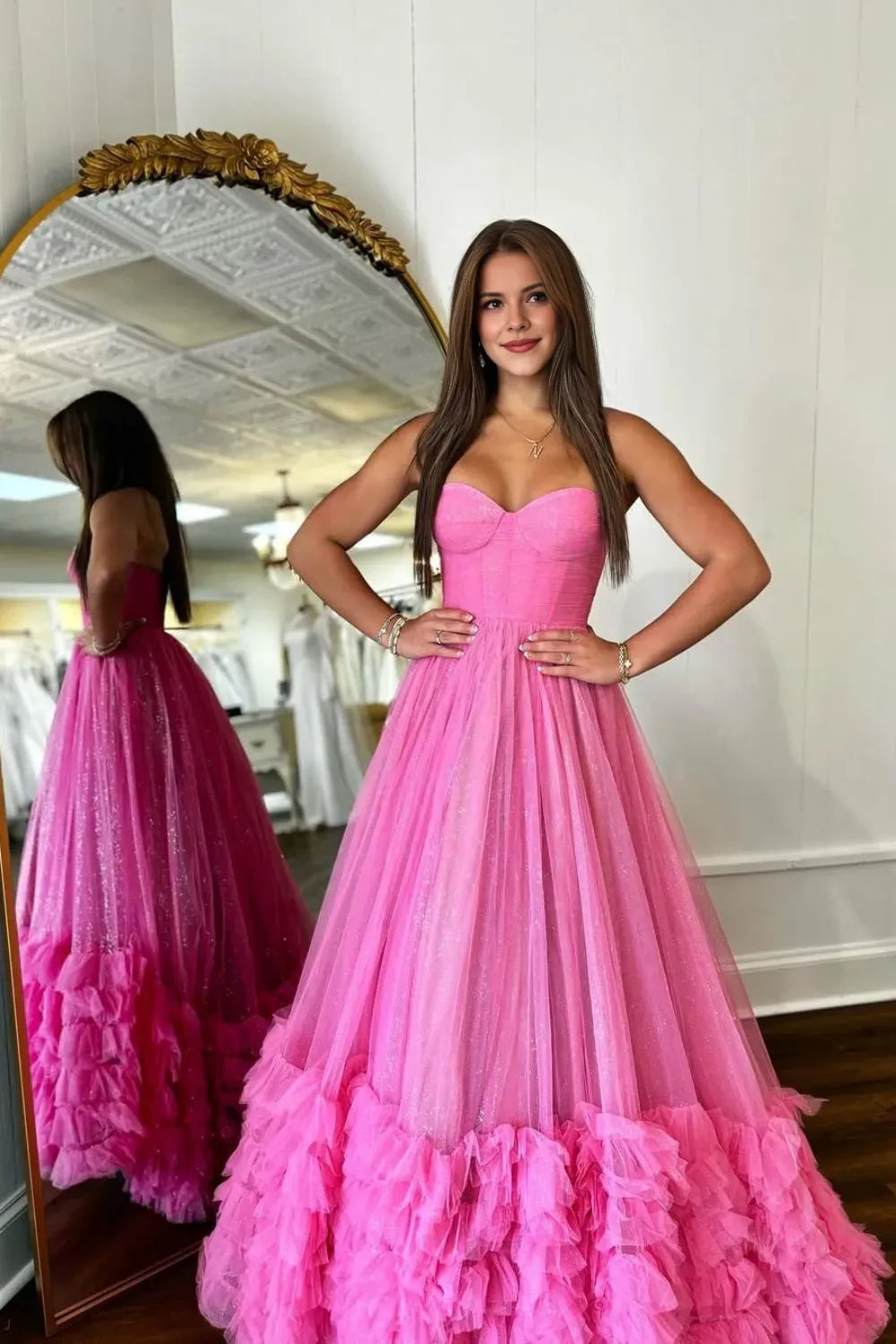 Stunning Pink A-Line Deep V-Neck Sleeveless Lace UP Glitter Tiered Tulle Floor-Length High-Slit Prom Dress with Ruffle