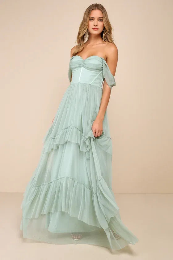 Stunning Sage Green A-Line Off-the-Shoulder Sleeveless Back Zip Tiered Tulle Floor-Length Prom Dresses