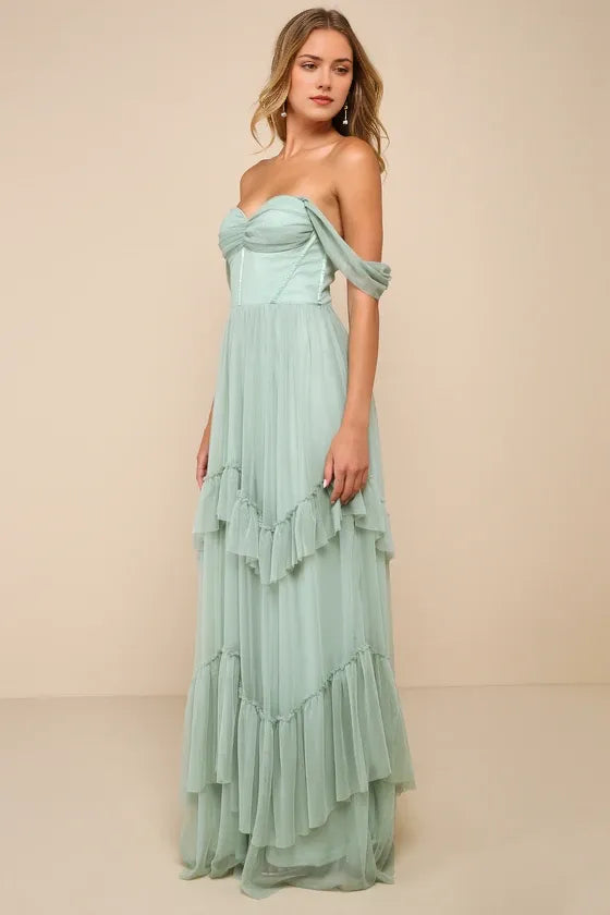 Stunning Sage Green A-Line Off-the-Shoulder Sleeveless Back Zip Tiered Tulle Floor-Length Prom Dresses