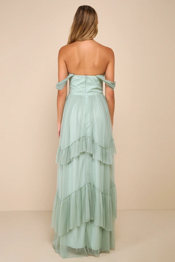 Stunning Sage Green A-Line Off-the-Shoulder Sleeveless Back Zip Tiered Tulle Floor-Length Prom Dresses