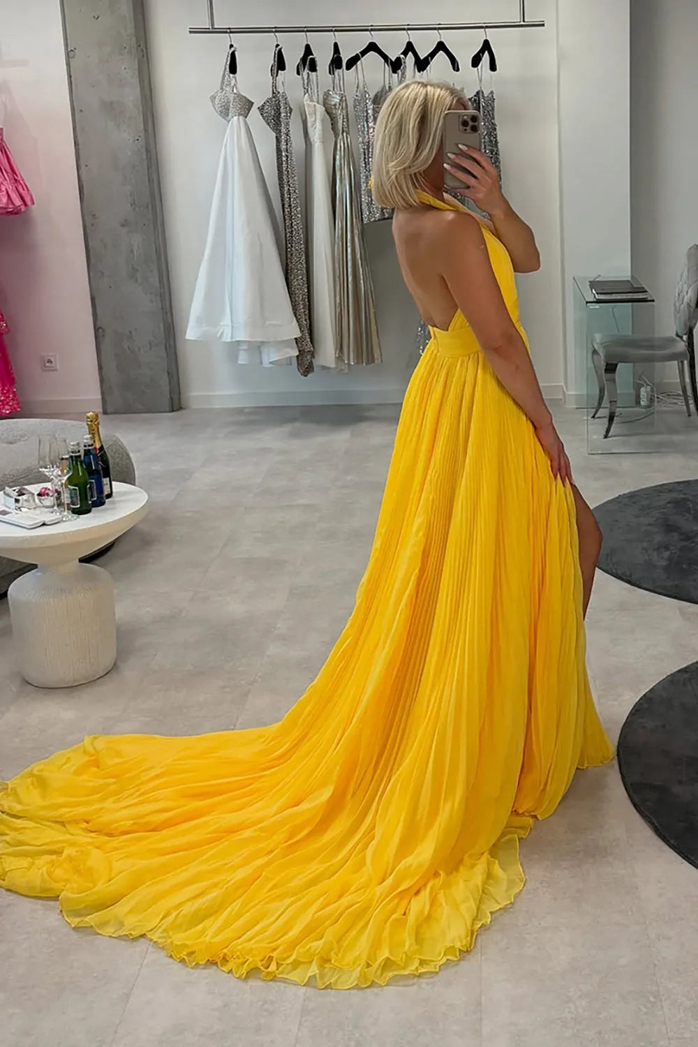 Stunning Yellow A -Line Chiffon Halter Neck Sleeveless Pleated Open Back Back Zip Floor -Length Prom Dress with Slit
