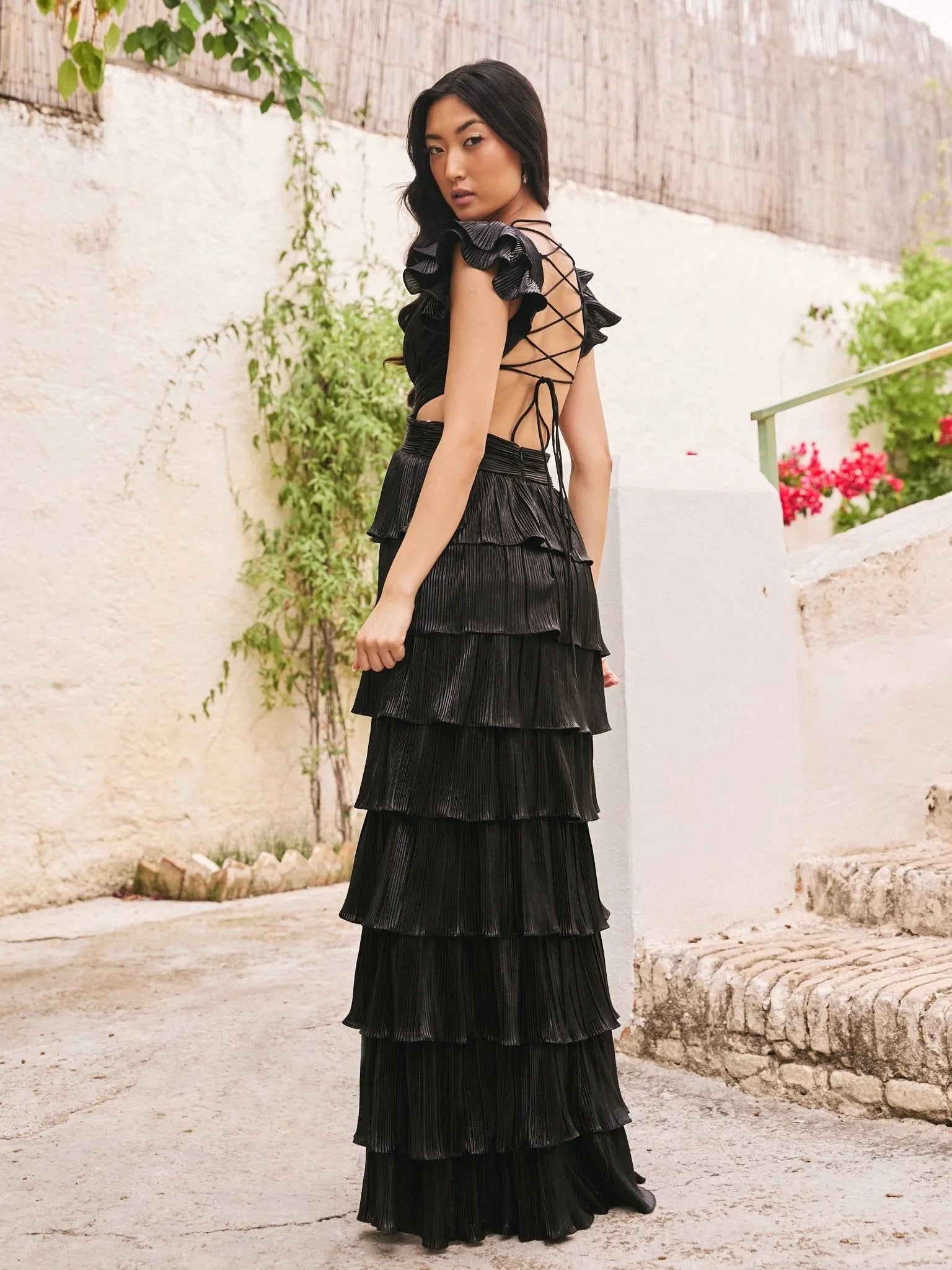 Stylish A-Line V-Neck Ruffled-Sleeve Lace-Up-Back Floor-Length Prom Dress