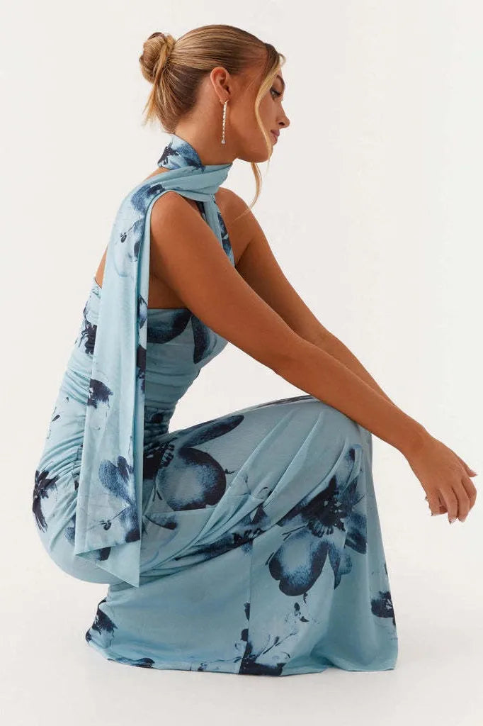 Stylish Sheath Halter Neck One-Shoulder Draped Back Floor-Length Party Dresses