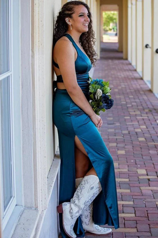 Teal Satin Halter Criss Cross Back Prom Dress with High Slit