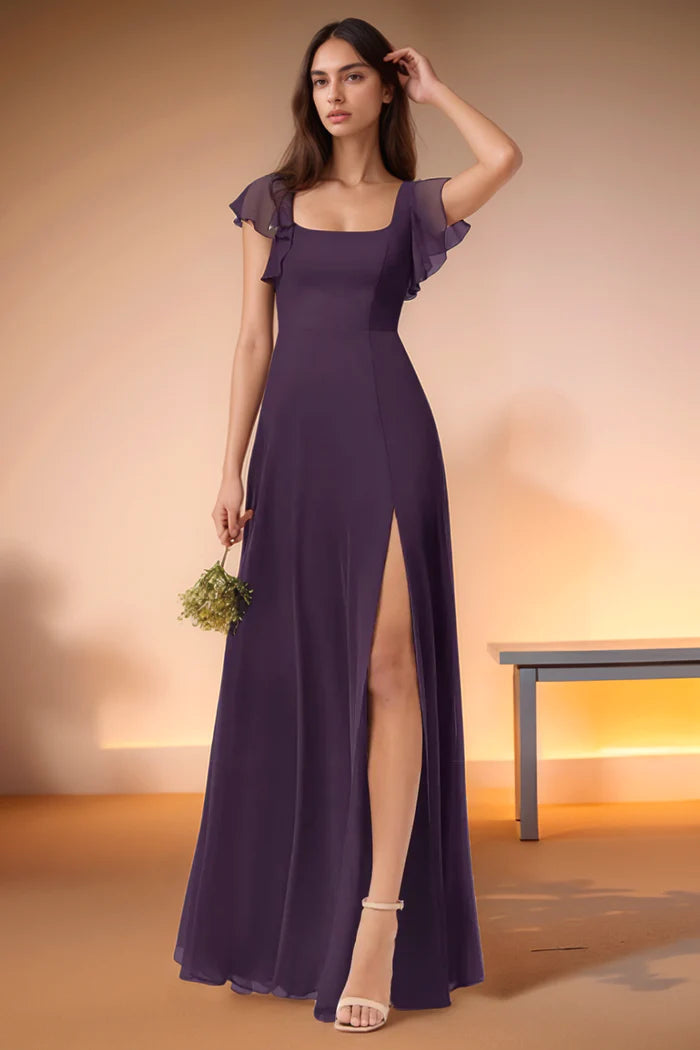 Romantic A-Line Square Neck Ruffled Short Sleeve Lace Up Back Floor Length Bridesmaid Dresses