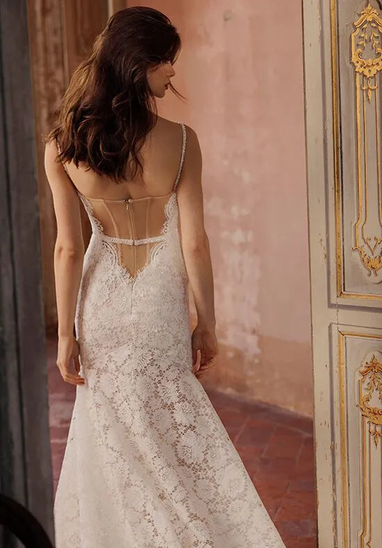 Elegant Mermaid Off-The-Shoulder Lace Sleeve Cutout Back Train Wedding Dresses