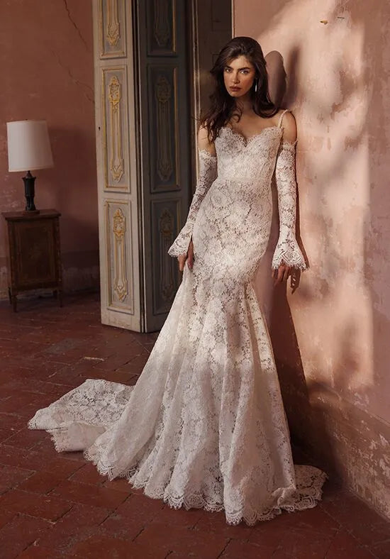 Elegant Mermaid Off-The-Shoulder Lace Sleeve Cutout Back Train Wedding Dresses