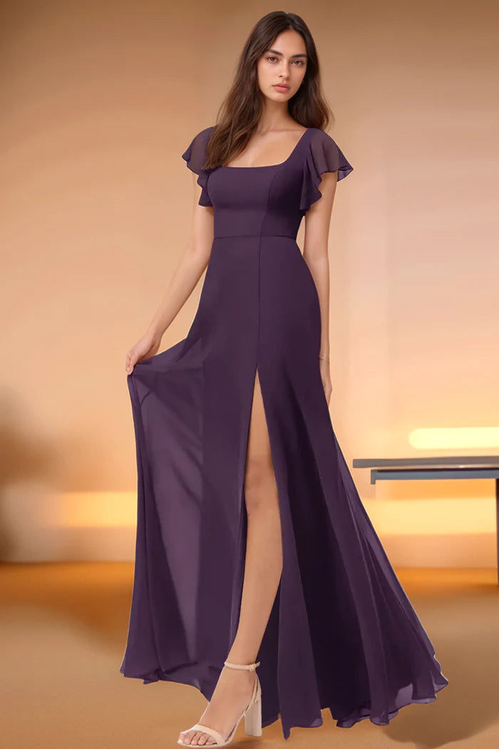 Romantic A-Line Square Neck Ruffled Short Sleeve Lace Up Back Floor Length Bridesmaid Dresses