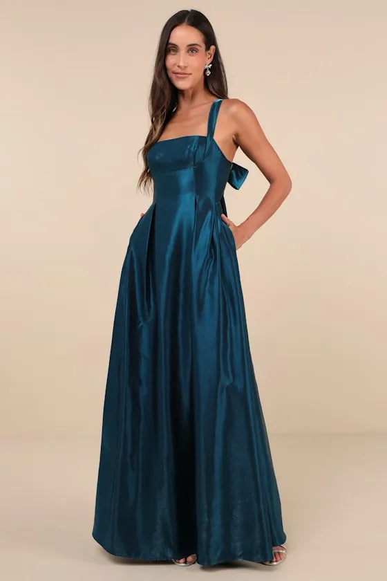 Luxe A-Line Square Neck Spaghetti Strap Bow Back Floor-Length Formal Evening Dresses