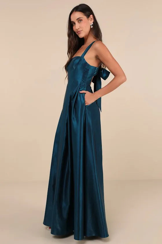 Luxe A-Line Square Neck Spaghetti Strap Bow Back Floor-Length Formal Evening Dresses