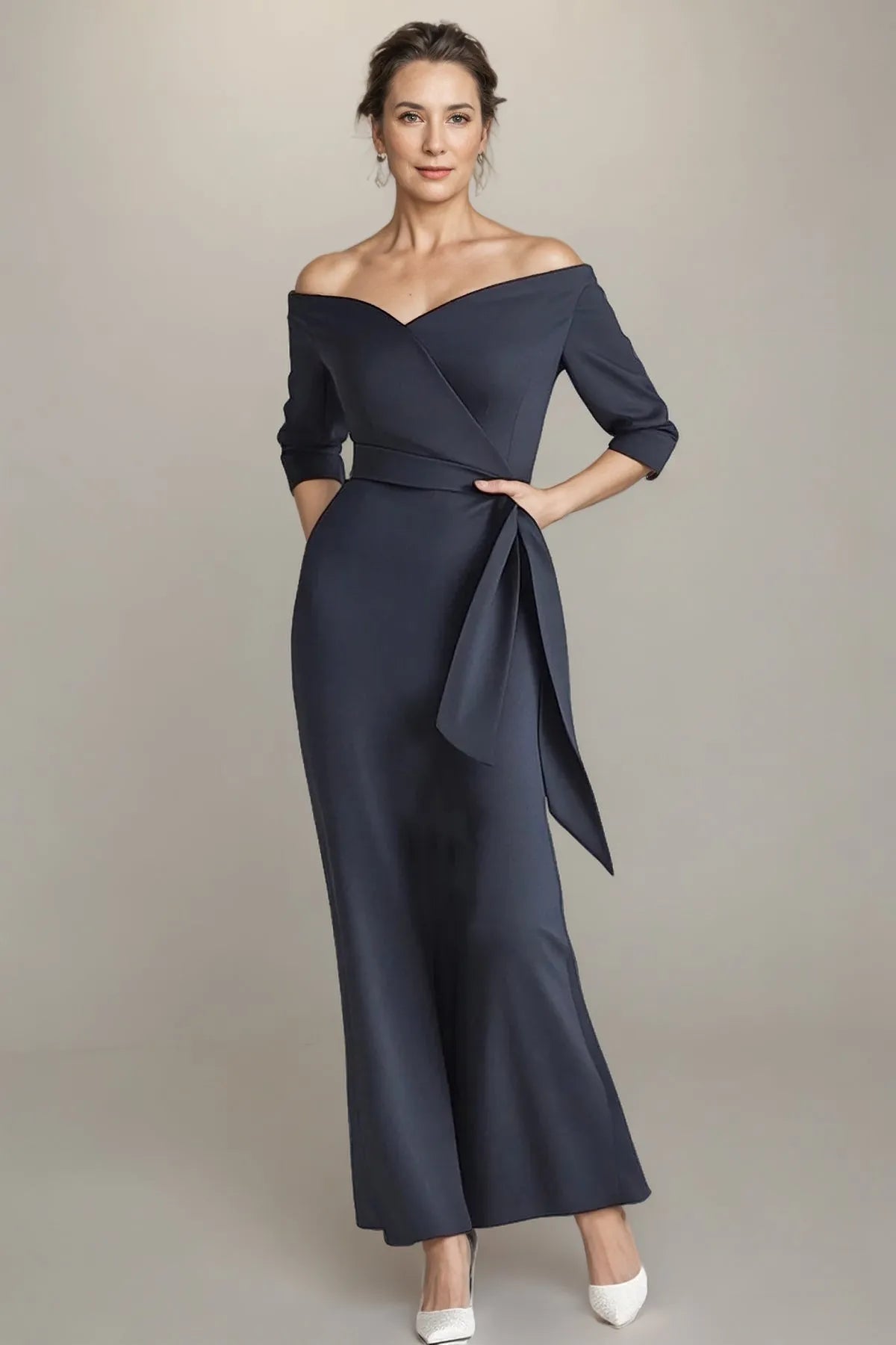 Chic Wide-Leg Off-The-Shoulder Three-Quarter Sash Back Floor-Length Mother Of The Bride Dresses