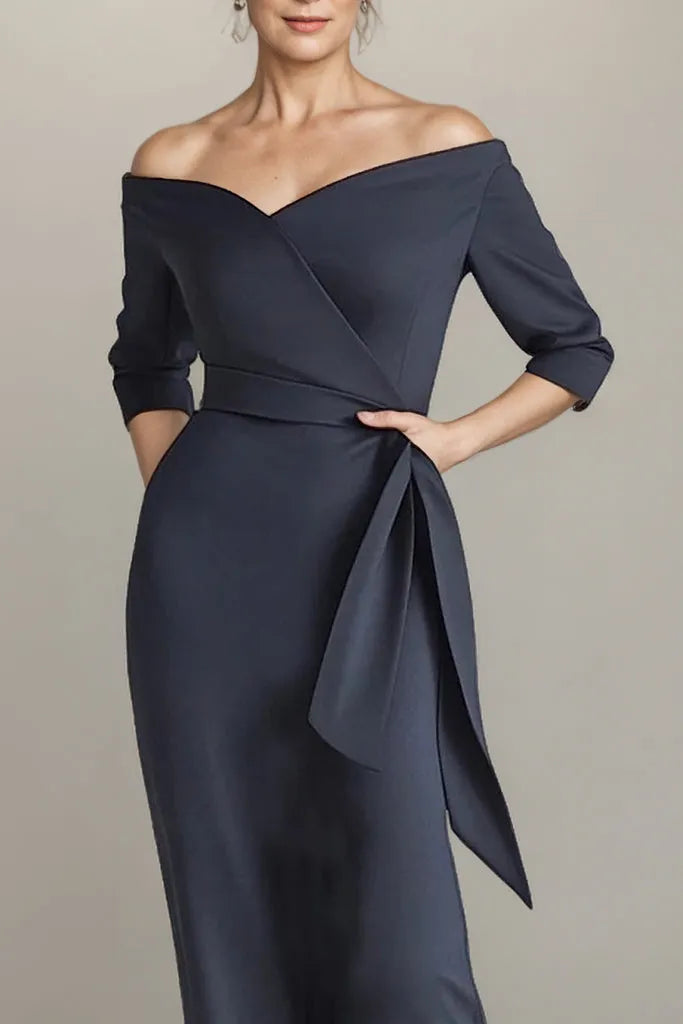 Chic Wide-Leg Off-The-Shoulder Three-Quarter Sash Back Floor-Length Mother Of The Bride Dresses